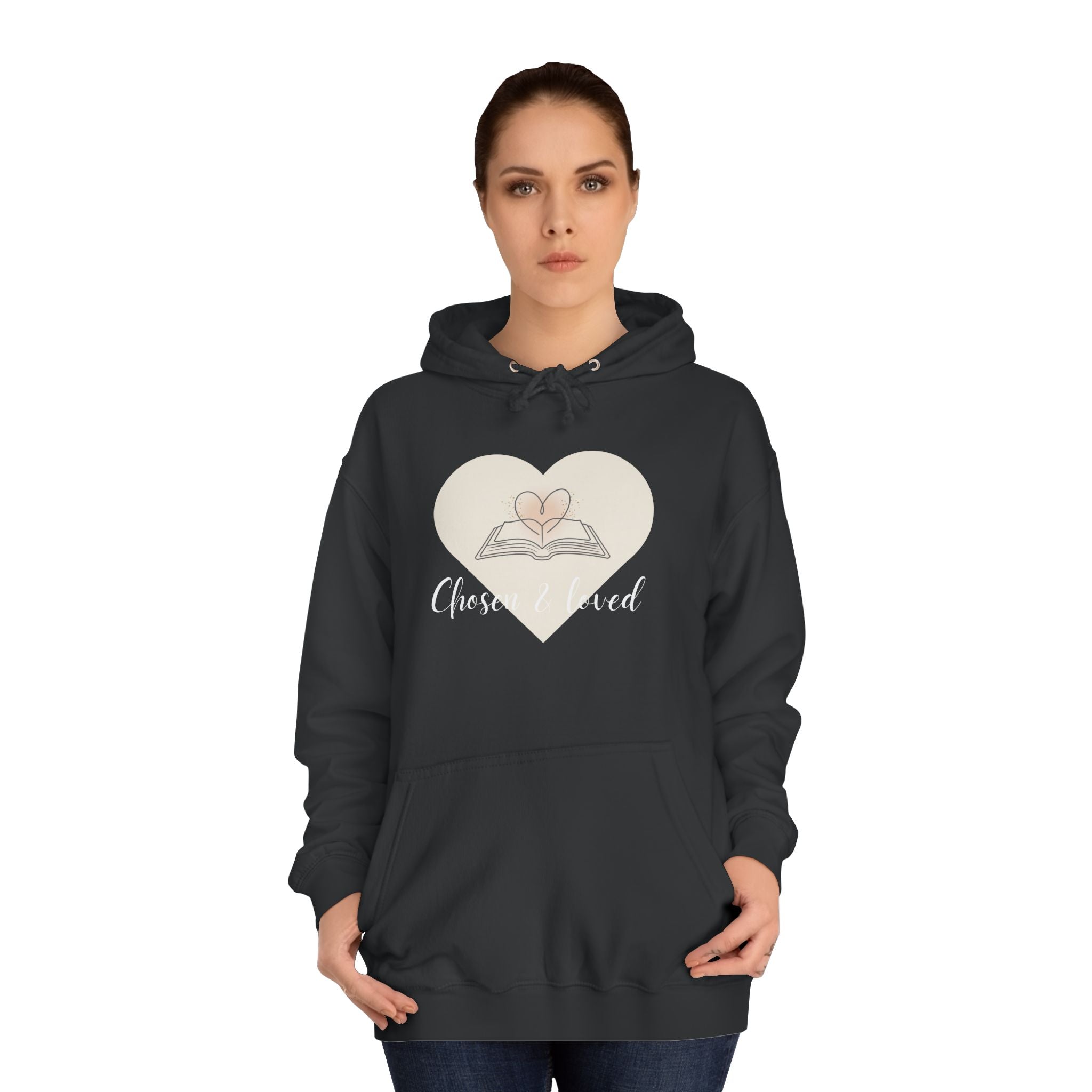 Chosen & Loved Cozy Reading Hoodie, Unisex College Apparel, Relaxed Style Sweatshirt - Dark Colors