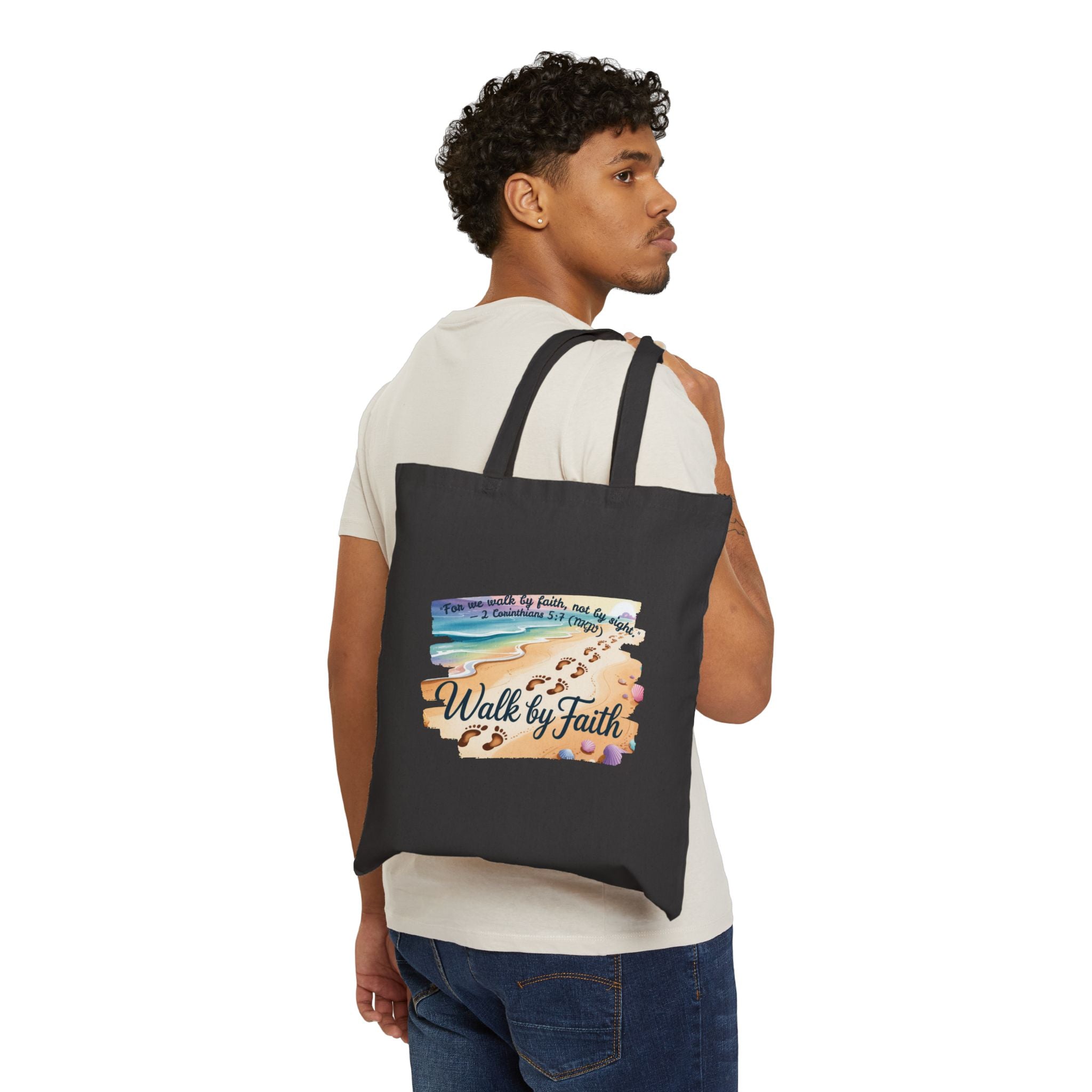 Walk by Faith Inspirational Cotton Canvas Tote Bag, Eco-Friendly, Reusable Grocery Bag, Christian Gift, Beach Day, Everyday Use