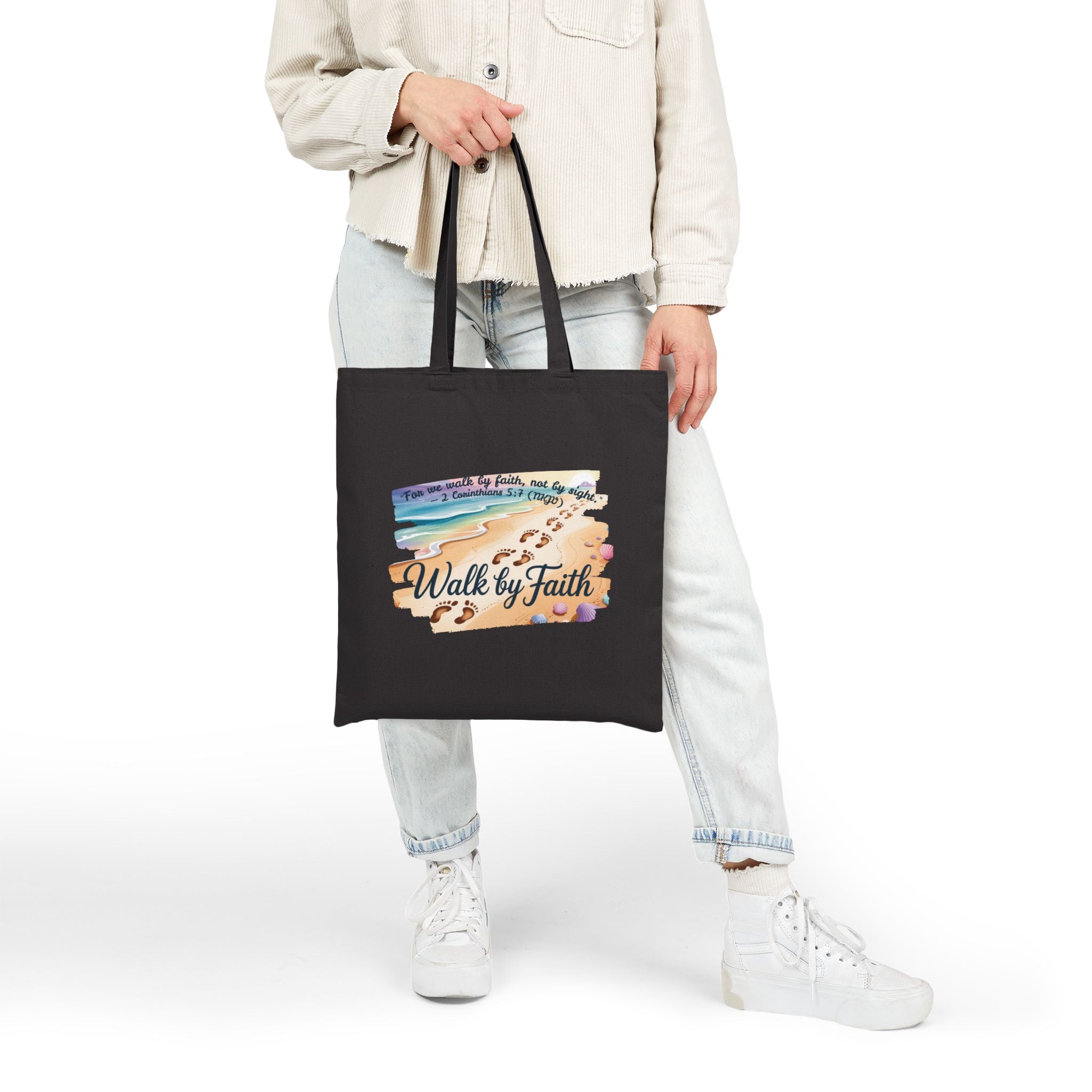 Walk by Faith Inspirational Cotton Canvas Tote Bag, Eco-Friendly, Reusable Grocery Bag, Christian Gift, Beach Day, Everyday Use