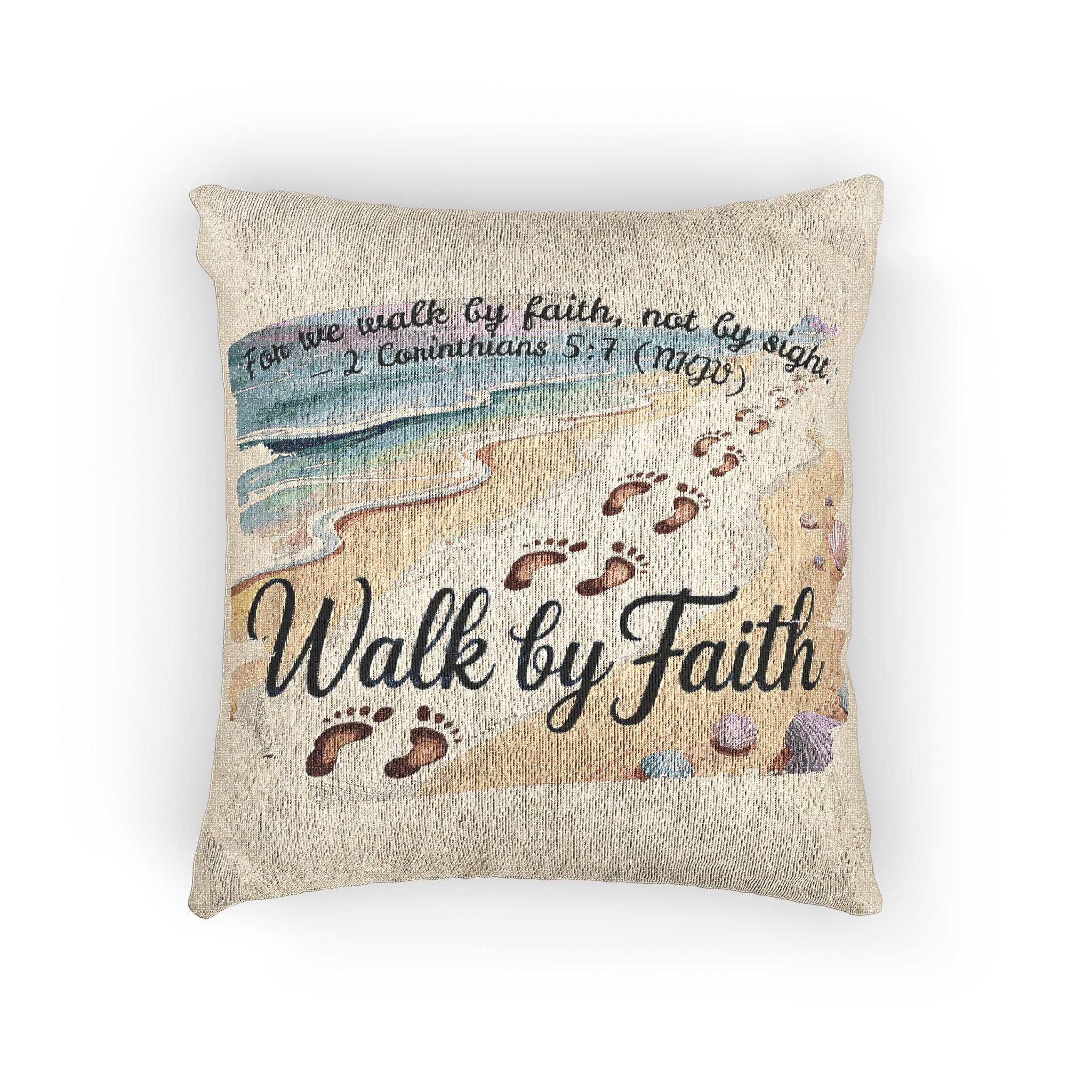 Inspirational Woven Pillow | Walk by Faith | Beach Decor, Faith-Based Gifts, Cozy Home Accents, Throw Cushion, Spiritual Home Decor