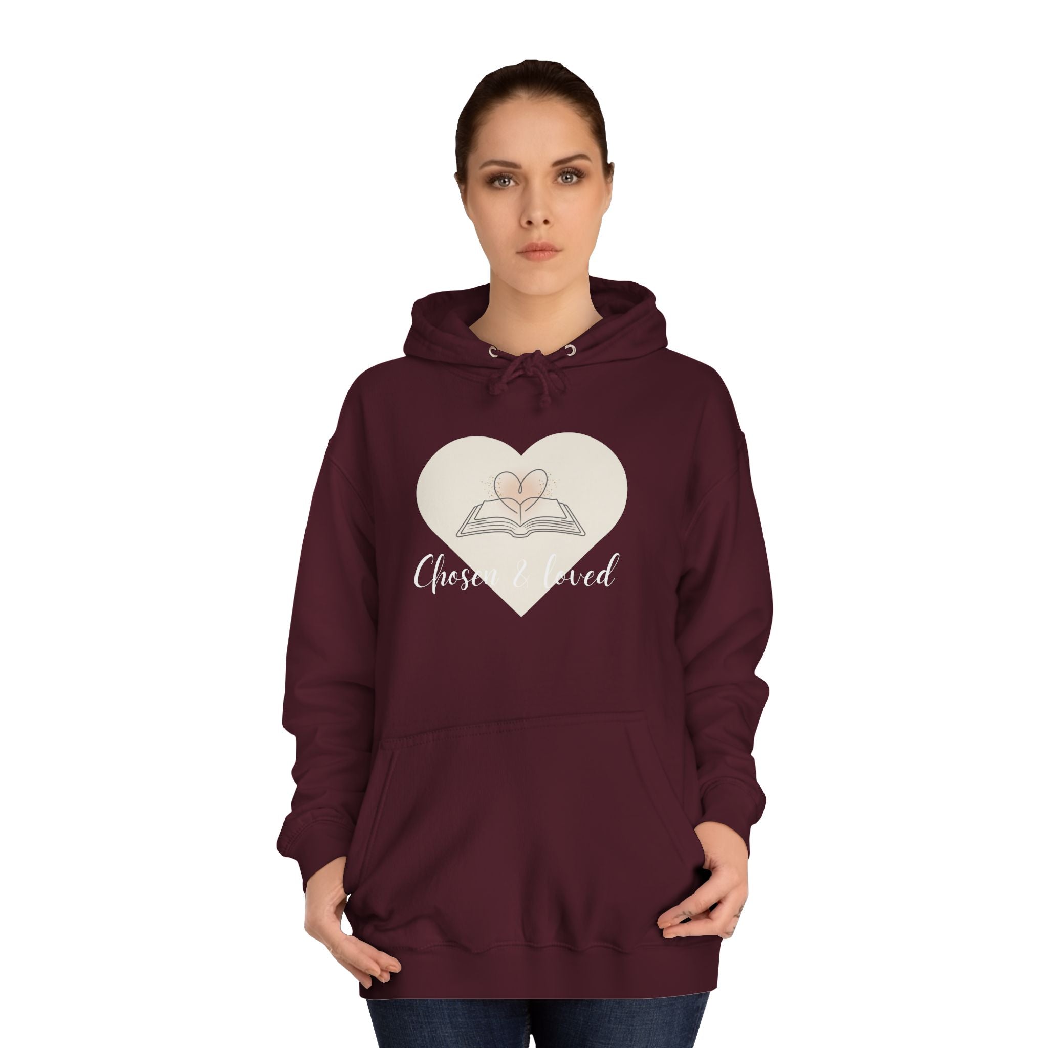 Chosen & Loved Cozy Reading Hoodie, Unisex College Apparel, Relaxed Style Sweatshirt - Dark Colors