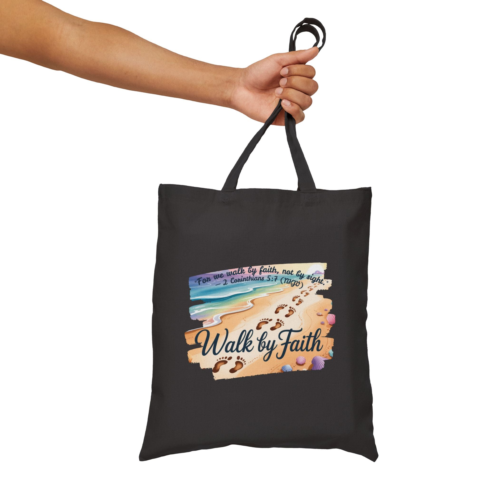 Walk by Faith Inspirational Cotton Canvas Tote Bag, Eco-Friendly, Reusable Grocery Bag, Christian Gift, Beach Day, Everyday Use