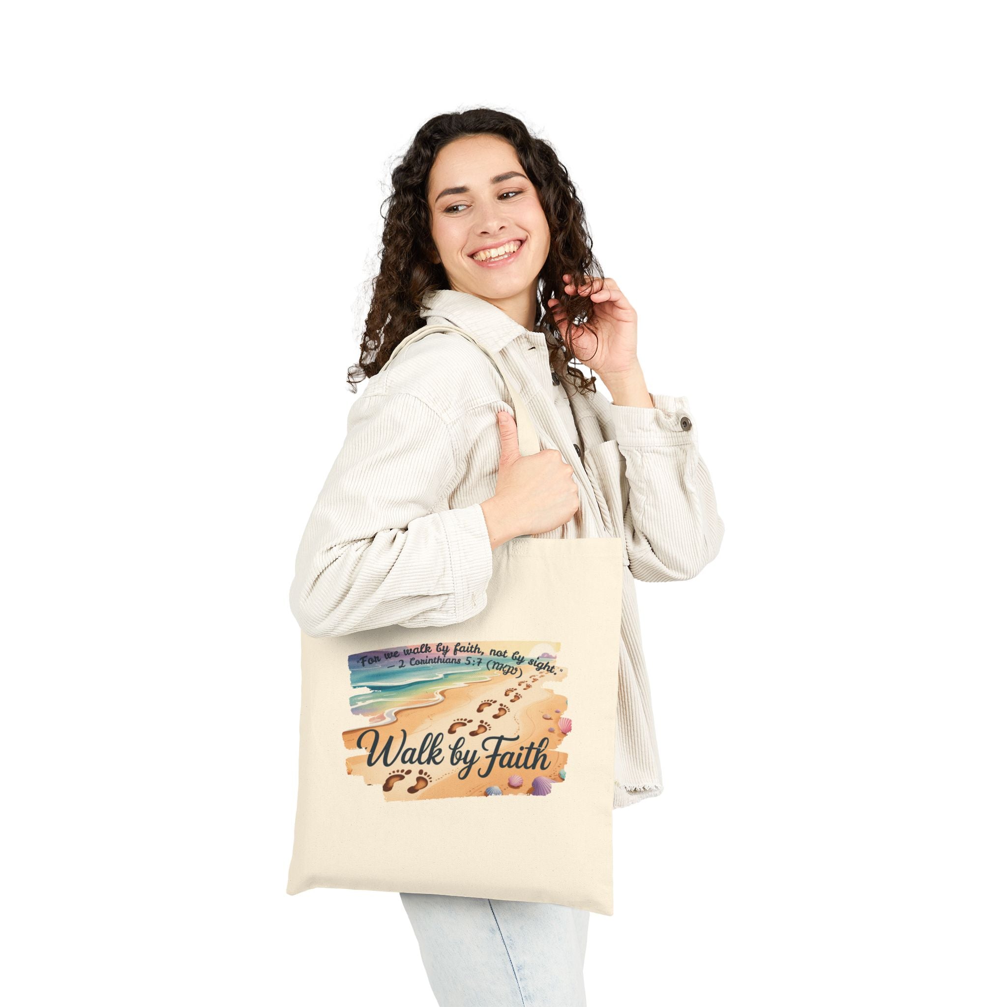Walk by Faith Inspirational Cotton Canvas Tote Bag, Eco-Friendly, Reusable Grocery Bag, Christian Gift, Beach Day, Everyday Use