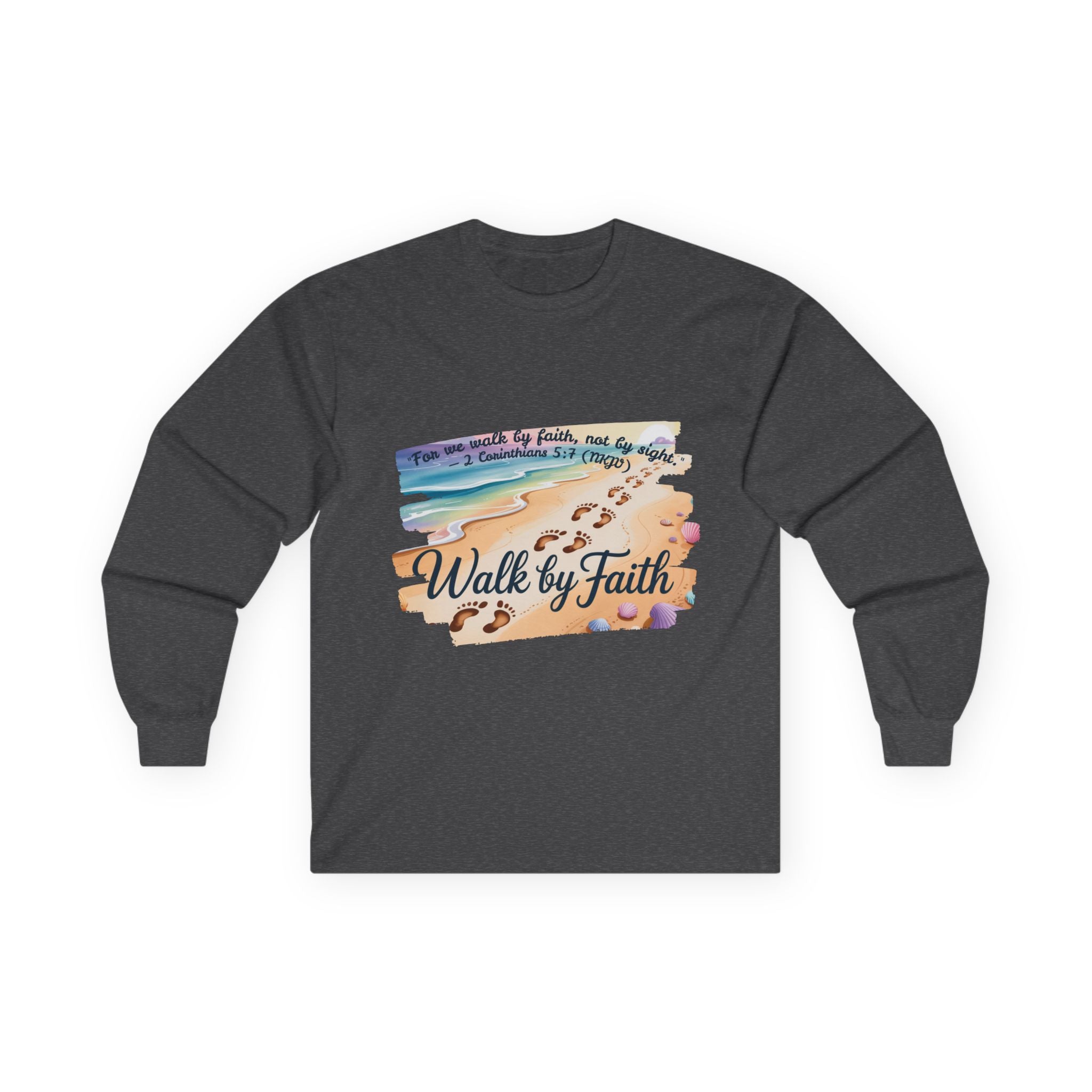 Walk by Faith Long Sleeve Tee with Inspirational Design, Faith Apparel, Spiritual Gift, Beach Vibes Shirt, Cozy Everyday Wear