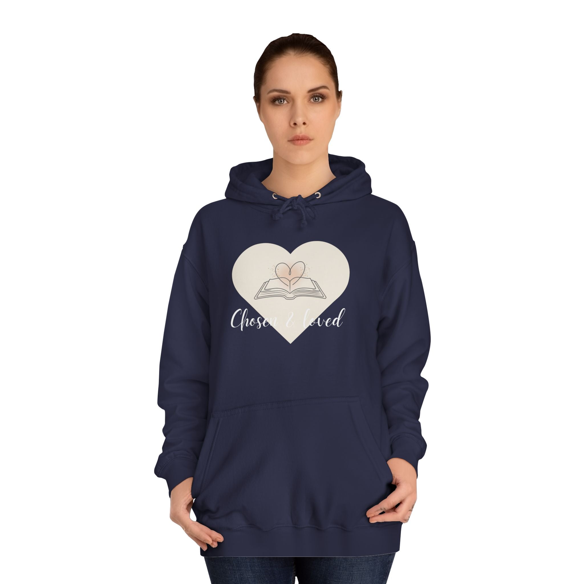 Chosen & Loved Cozy Reading Hoodie, Unisex College Apparel, Relaxed Style Sweatshirt - Dark Colors