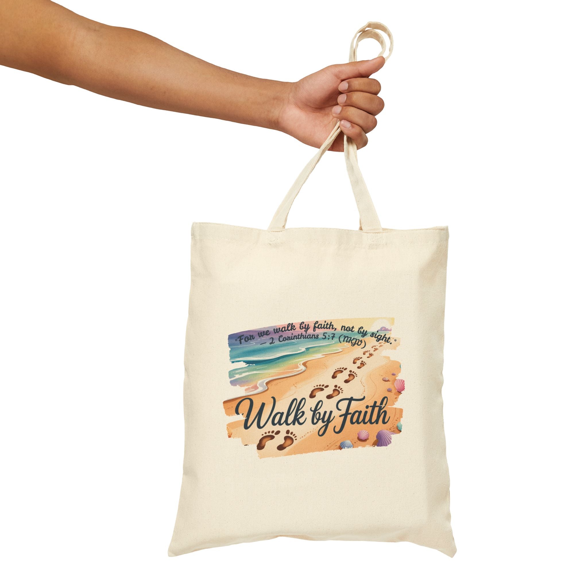 Walk by Faith Inspirational Cotton Canvas Tote Bag, Eco-Friendly, Reusable Grocery Bag, Christian Gift, Beach Day, Everyday Use