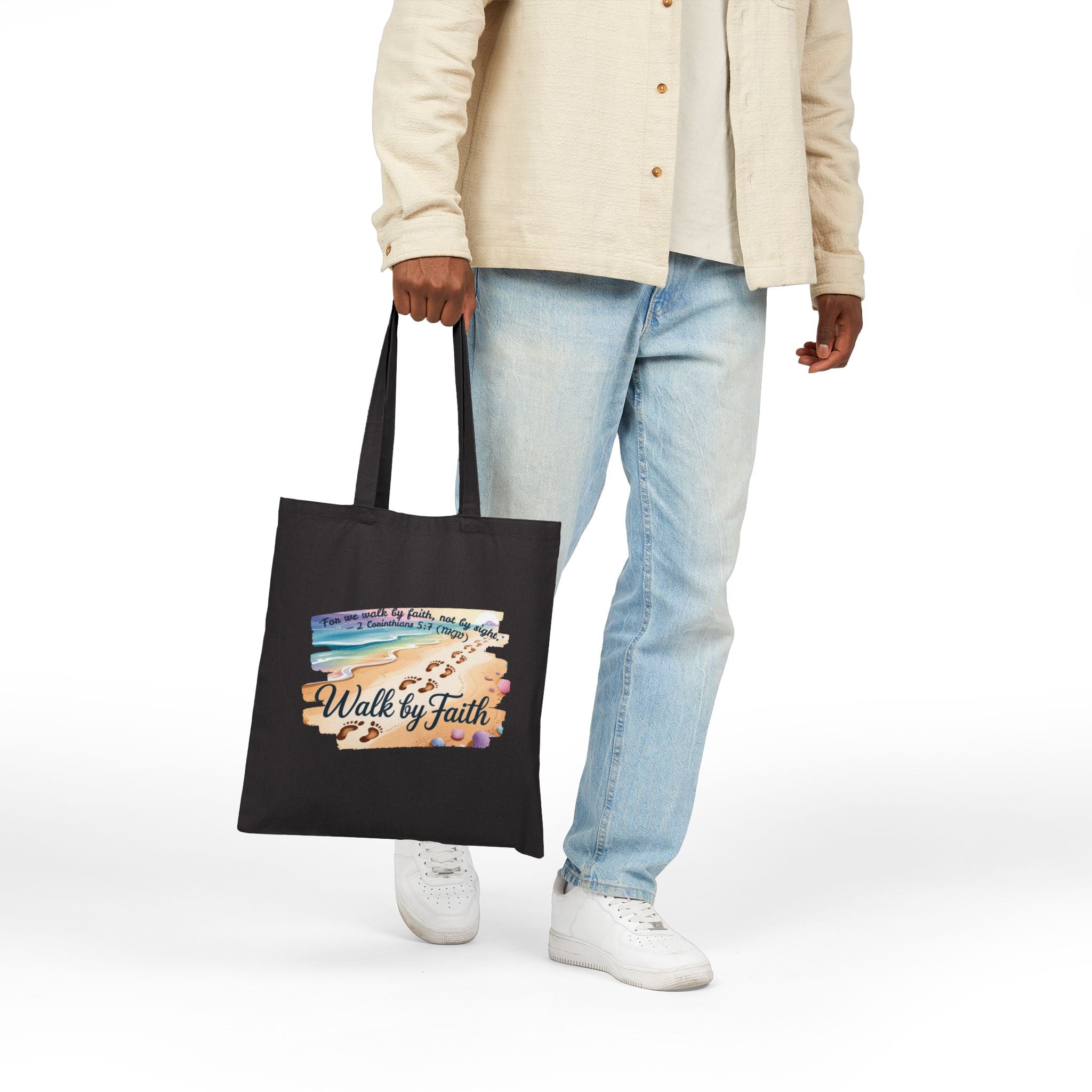 Walk by Faith Inspirational Cotton Canvas Tote Bag, Eco-Friendly, Reusable Grocery Bag, Christian Gift, Beach Day, Everyday Use