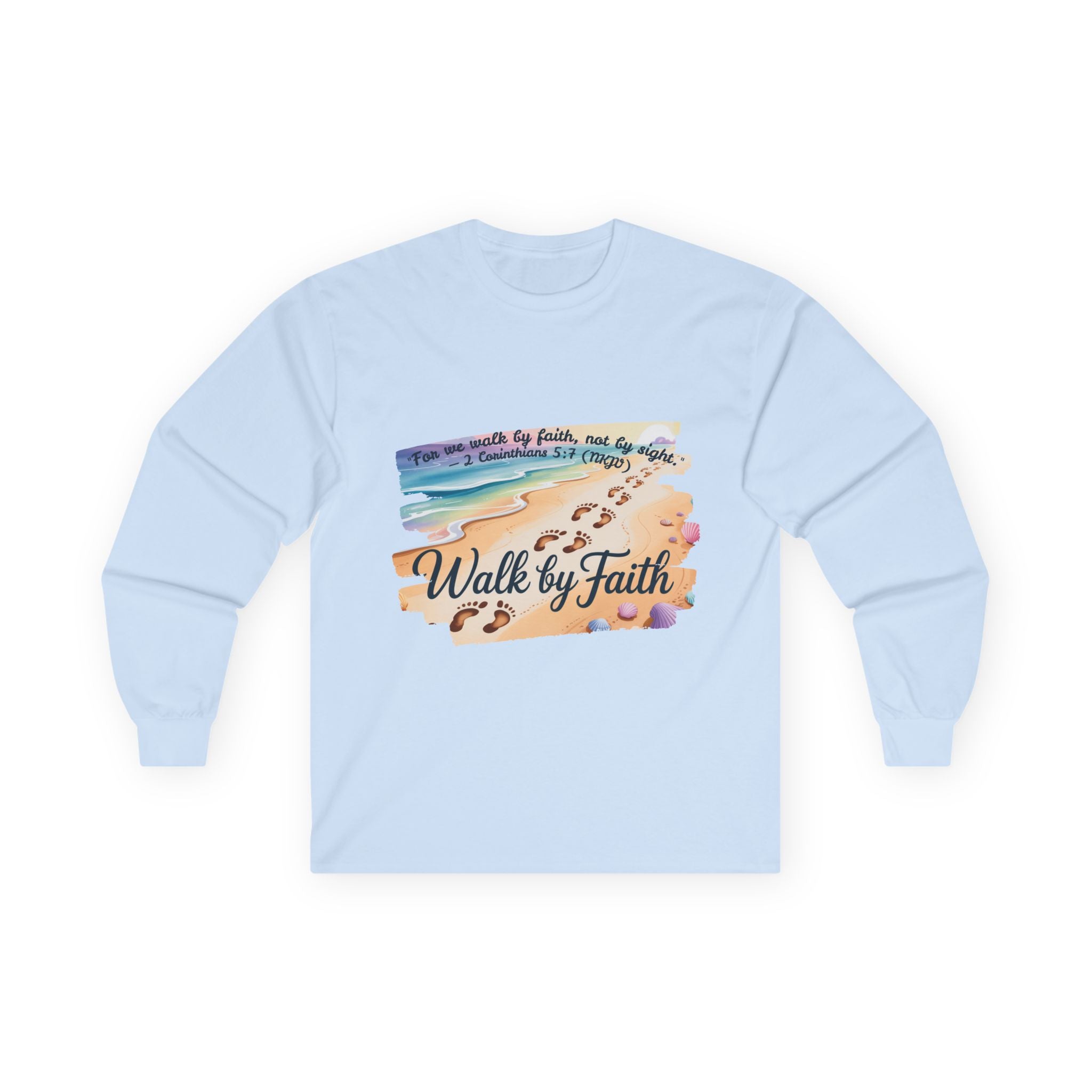 Walk by Faith Long Sleeve Tee with Inspirational Design, Faith Apparel, Spiritual Gift, Beach Vibes Shirt, Cozy Everyday Wear