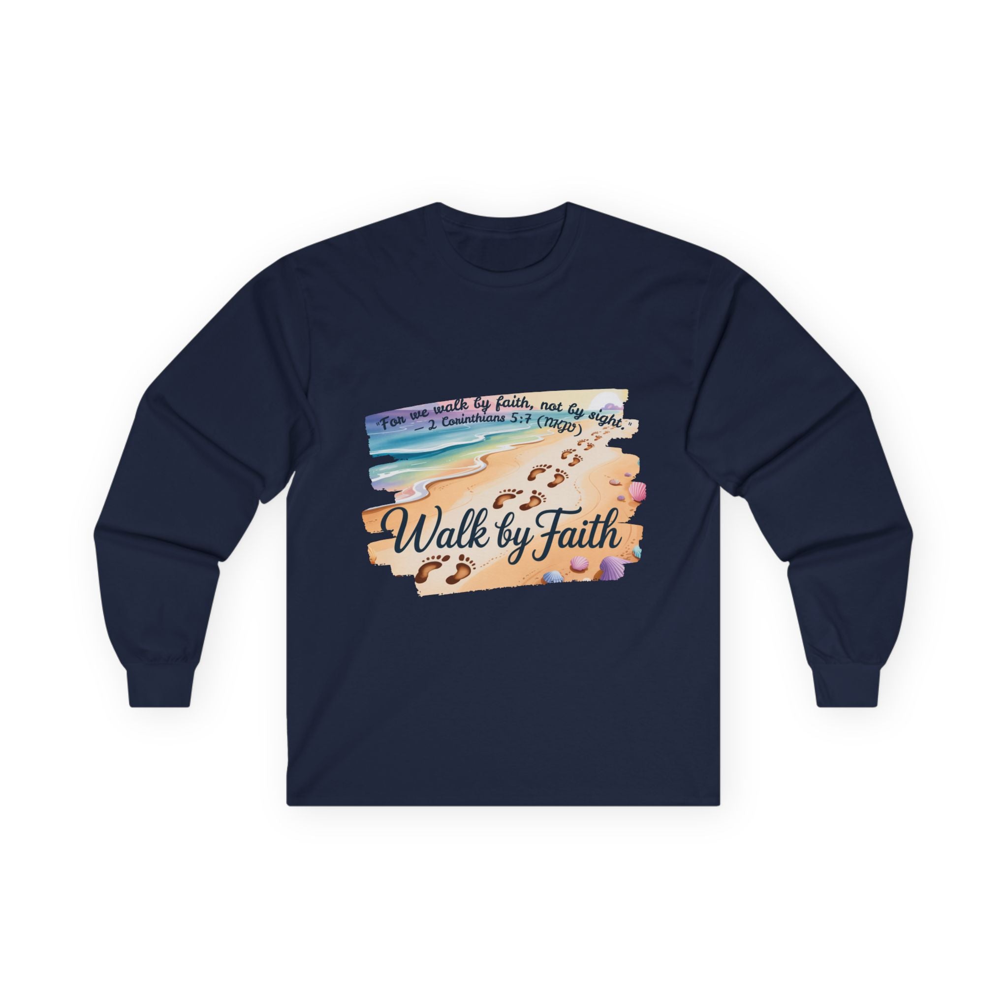 Walk by Faith Long Sleeve Tee with Inspirational Design, Faith Apparel, Spiritual Gift, Beach Vibes Shirt, Cozy Everyday Wear