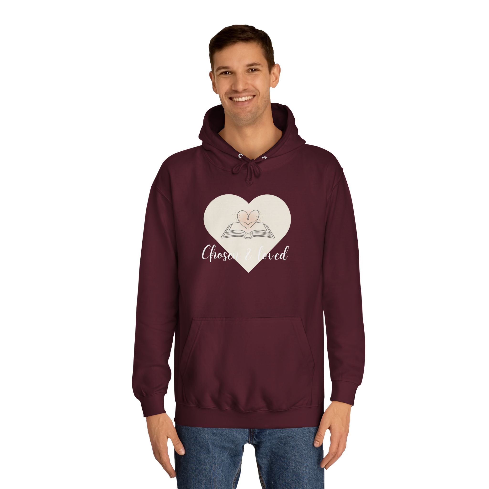 Chosen & Loved Cozy Reading Hoodie, Unisex College Apparel, Relaxed Style Sweatshirt - Dark Colors