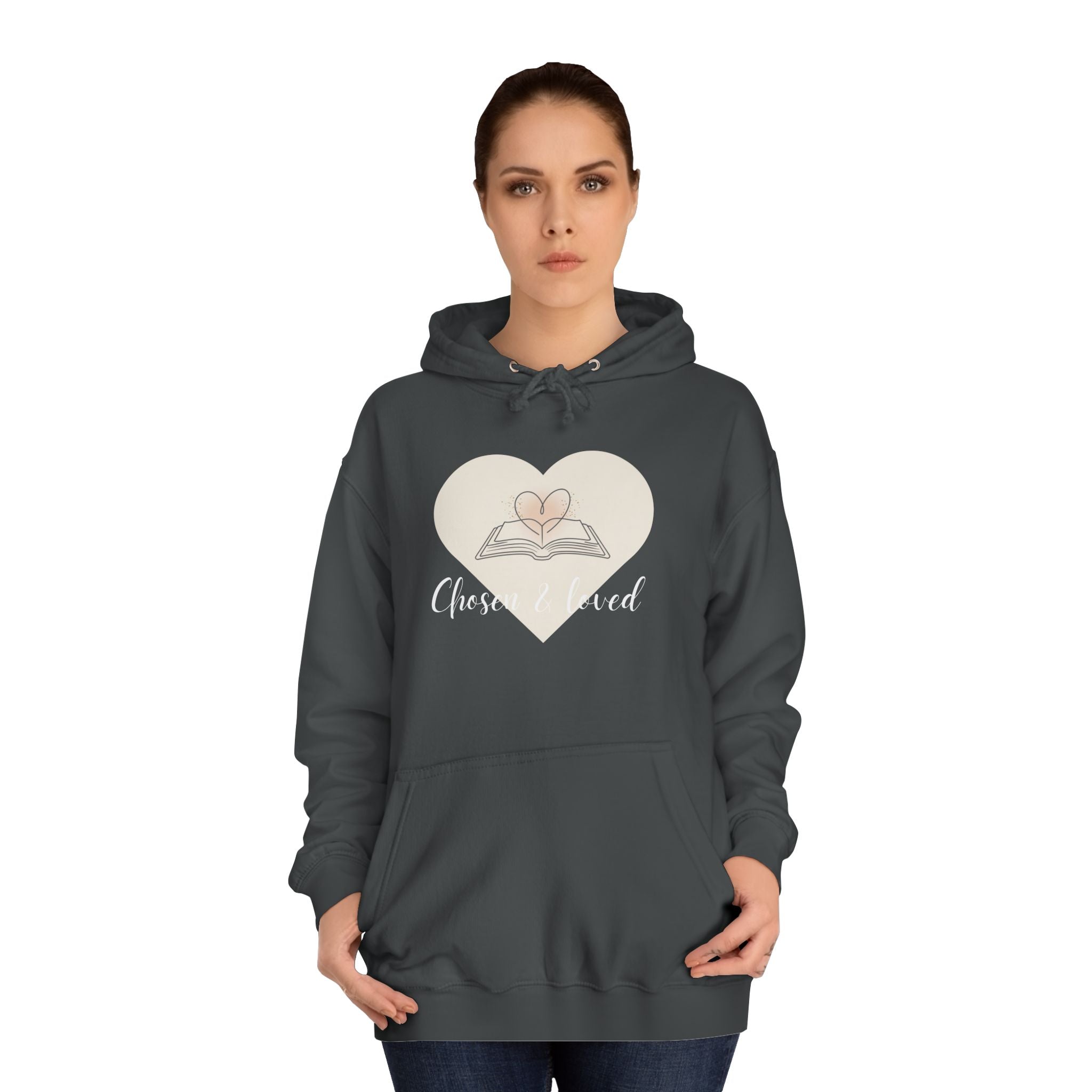 Chosen & Loved Cozy Reading Hoodie, Unisex College Apparel, Relaxed Style Sweatshirt - Dark Colors