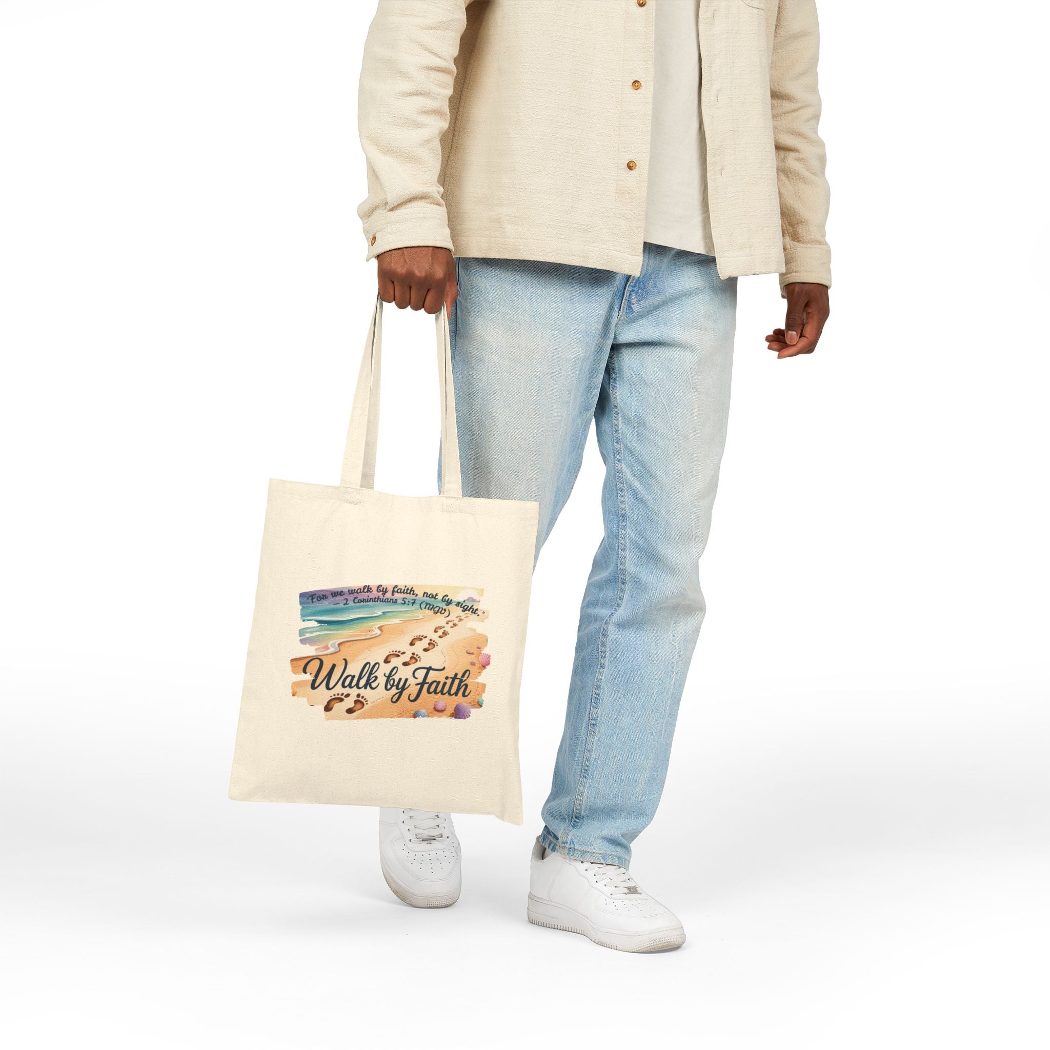 Walk by Faith Inspirational Cotton Canvas Tote Bag, Eco-Friendly, Reusable Grocery Bag, Christian Gift, Beach Day, Everyday Use
