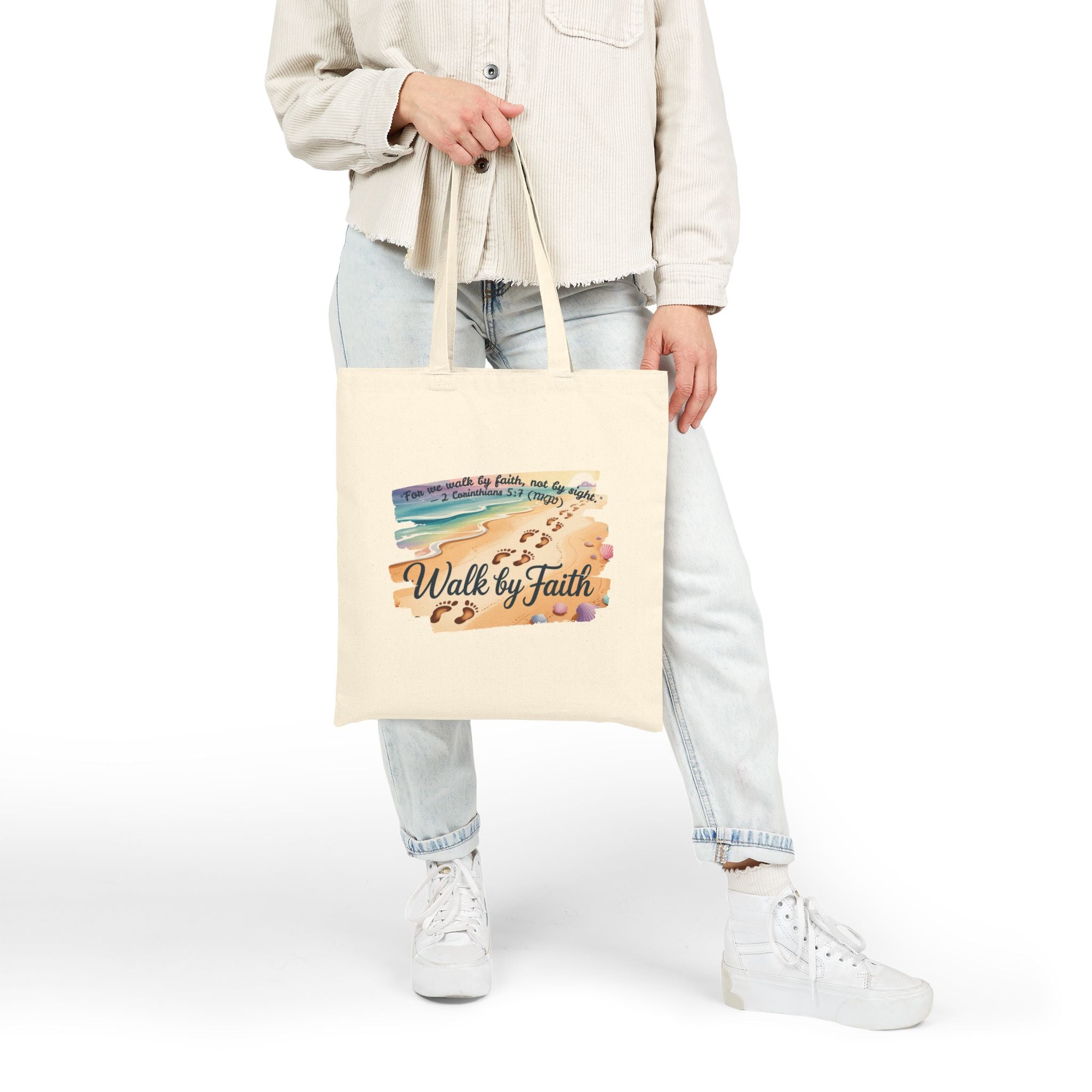 Walk by Faith Inspirational Cotton Canvas Tote Bag, Eco-Friendly, Reusable Grocery Bag, Christian Gift, Beach Day, Everyday Use