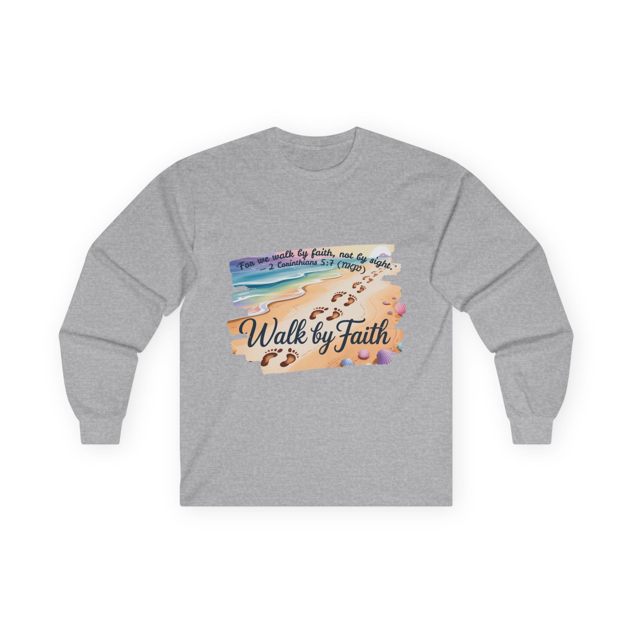 Walk by Faith Long Sleeve Tee with Inspirational Design, Faith Apparel, Spiritual Gift, Beach Vibes Shirt, Cozy Everyday Wear