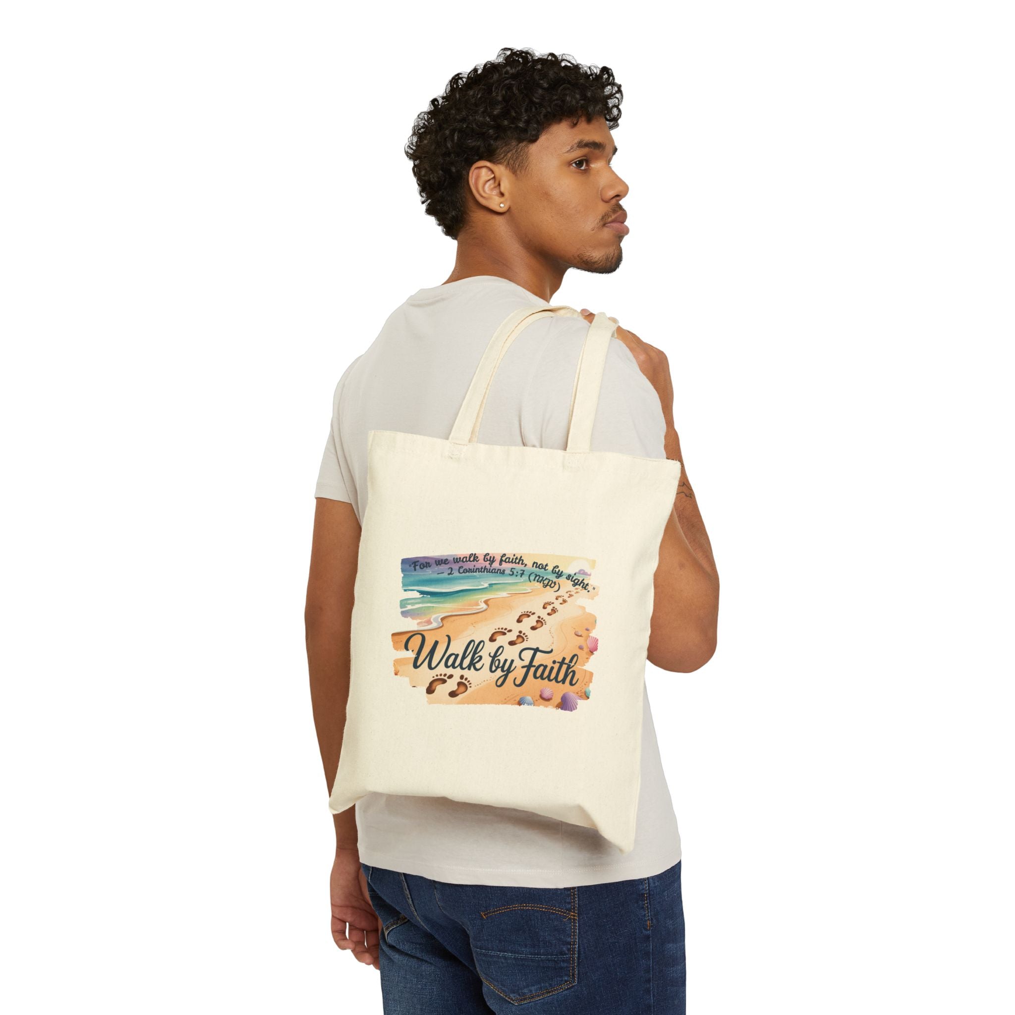 Walk by Faith Inspirational Cotton Canvas Tote Bag, Eco-Friendly, Reusable Grocery Bag, Christian Gift, Beach Day, Everyday Use