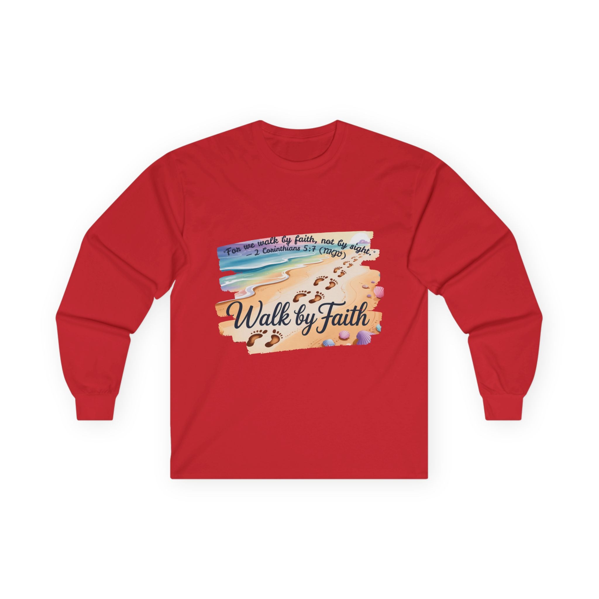 Walk by Faith Long Sleeve Tee with Inspirational Design, Faith Apparel, Spiritual Gift, Beach Vibes Shirt, Cozy Everyday Wear