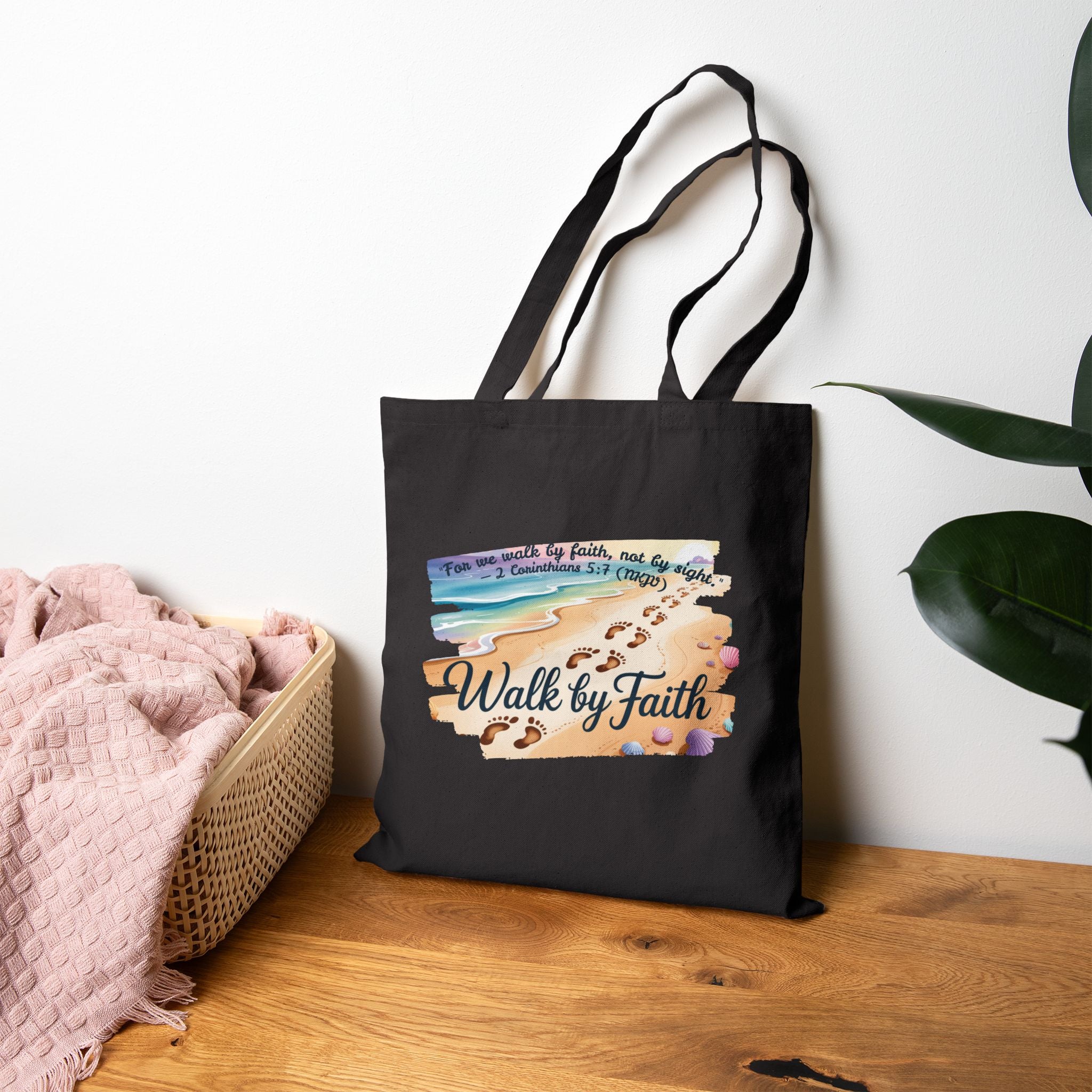 Walk by Faith Inspirational Cotton Canvas Tote Bag, Eco-Friendly, Reusable Grocery Bag, Christian Gift, Beach Day, Everyday Use