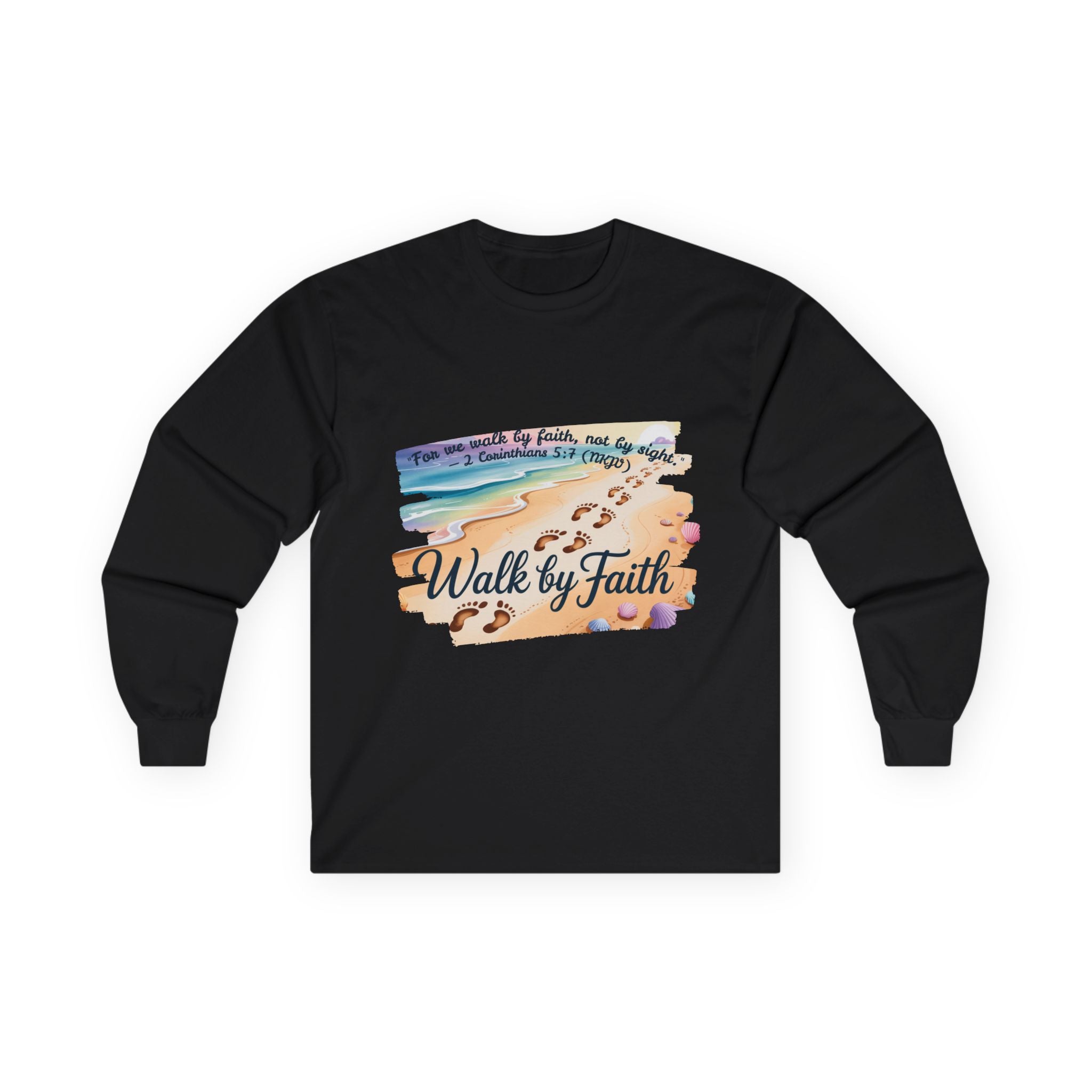 Walk by Faith Long Sleeve Tee with Inspirational Design, Faith Apparel, Spiritual Gift, Beach Vibes Shirt, Cozy Everyday Wear