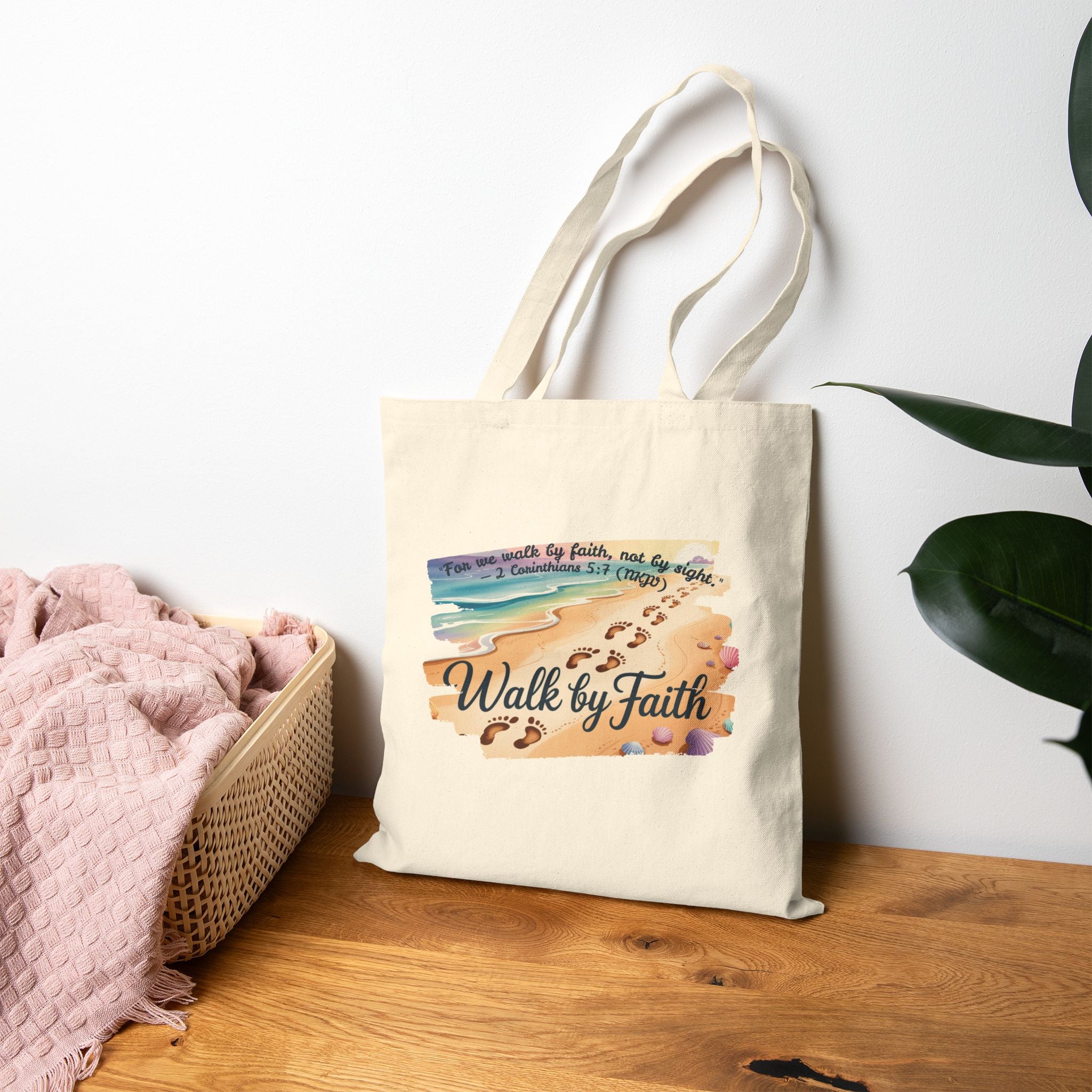 Walk by Faith Inspirational Cotton Canvas Tote Bag, Eco-Friendly, Reusable Grocery Bag, Christian Gift, Beach Day, Everyday Use