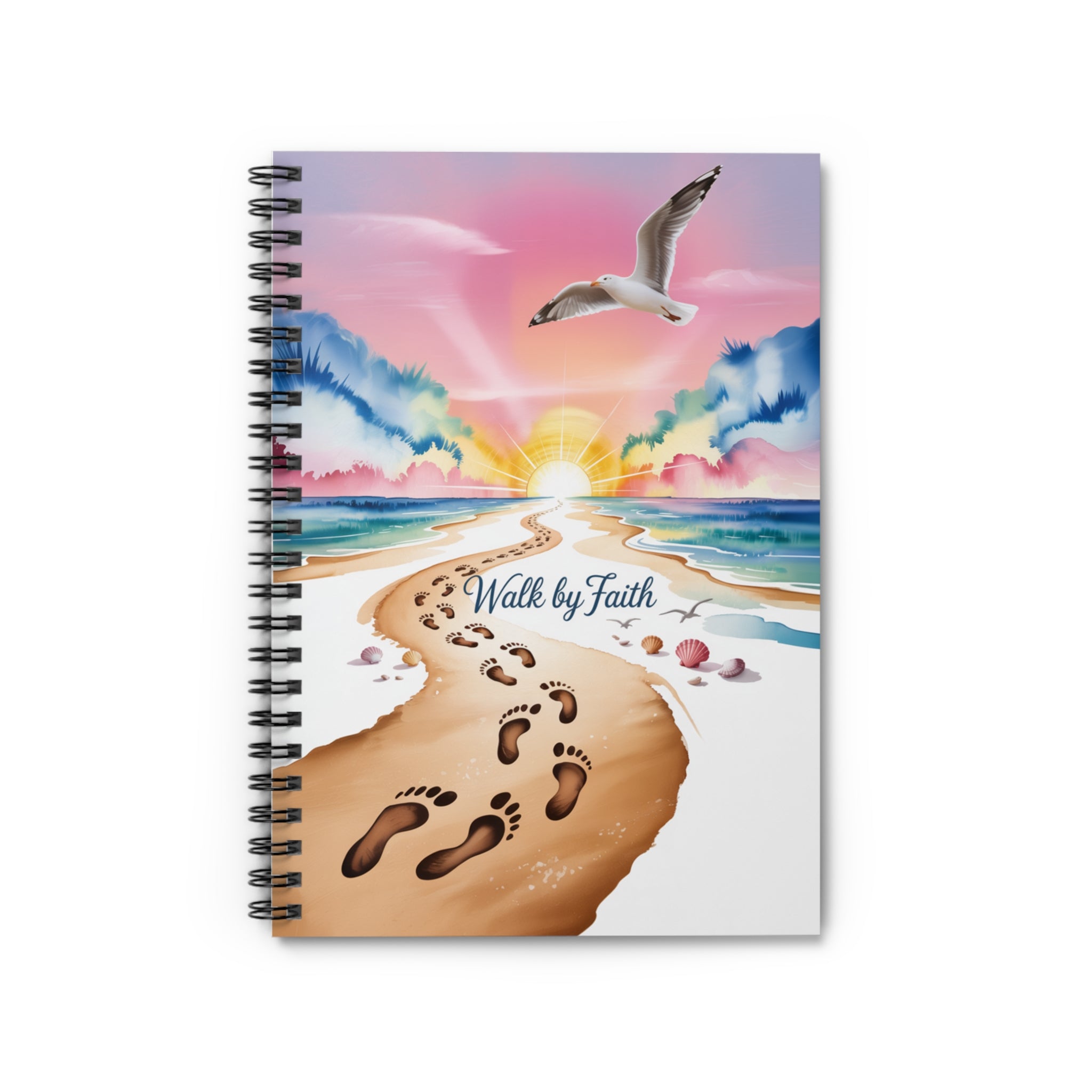 Inspirational Spiral Notebook - Walk by Faith, Motivational Journal, Beach Art Journal, Gift for Writers, Faith-Based Stationery