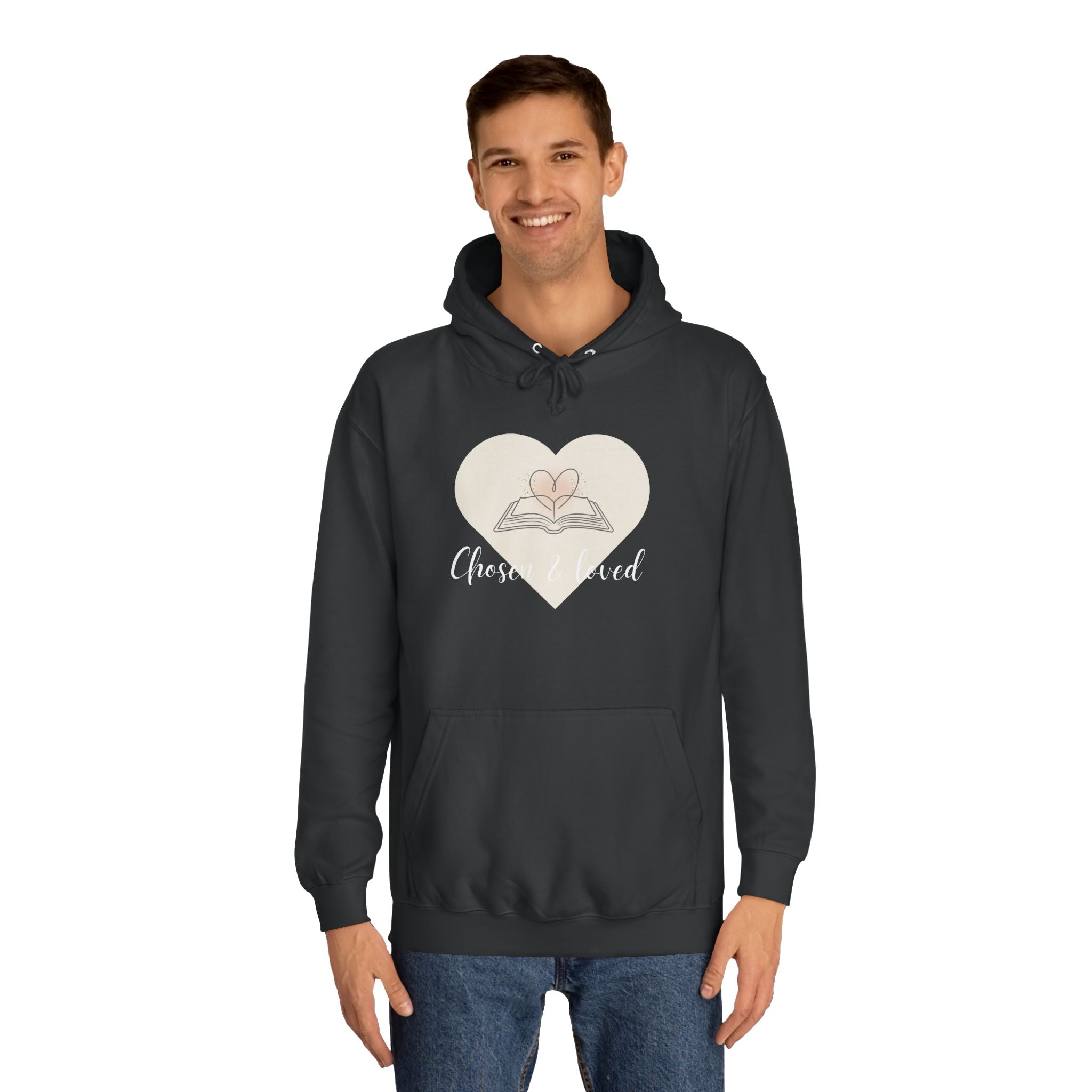 Chosen & Loved Cozy Reading Hoodie, Unisex College Apparel, Relaxed Style Sweatshirt - Dark Colors