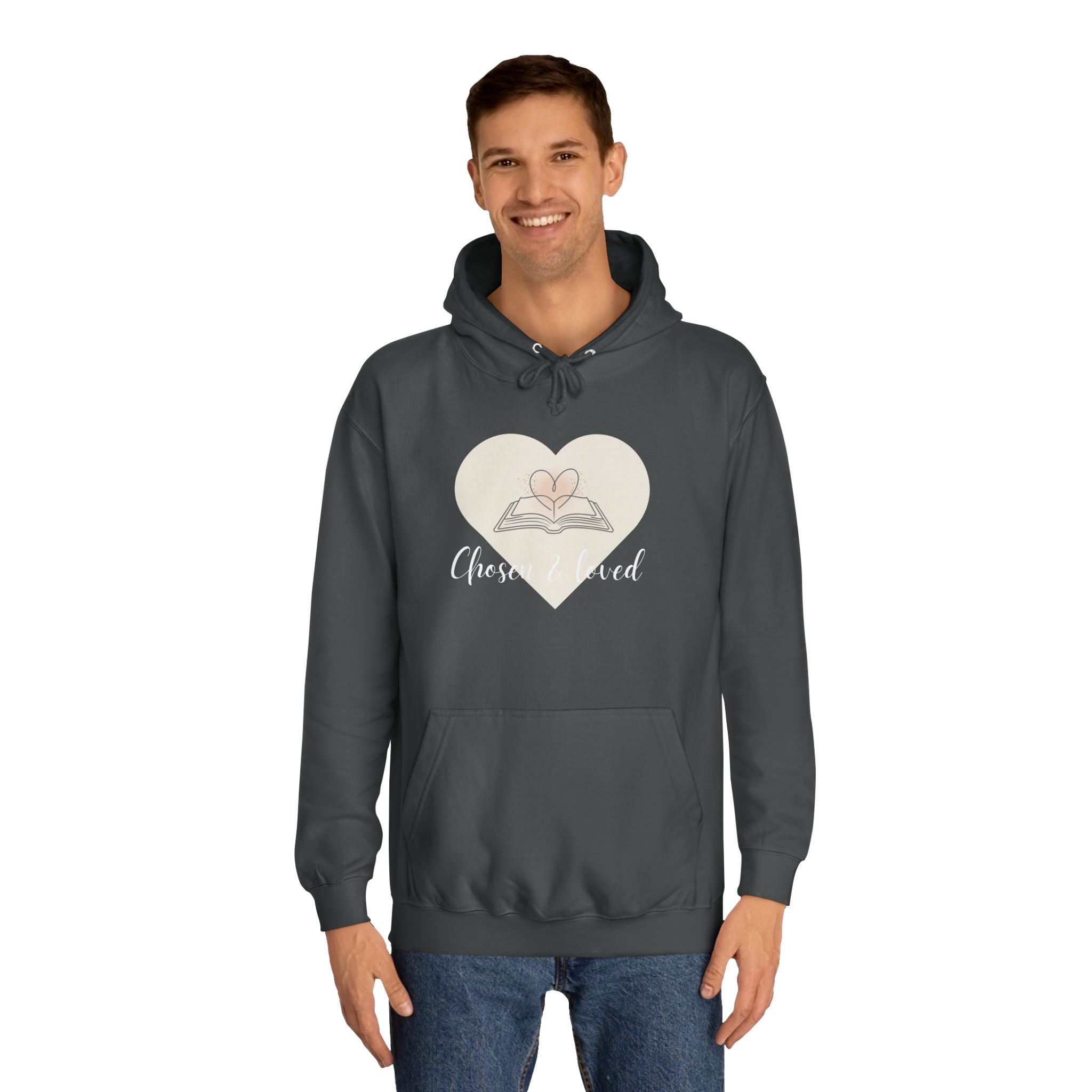 Chosen & Loved Cozy Reading Hoodie, Unisex College Apparel, Relaxed Style Sweatshirt - Dark Colors