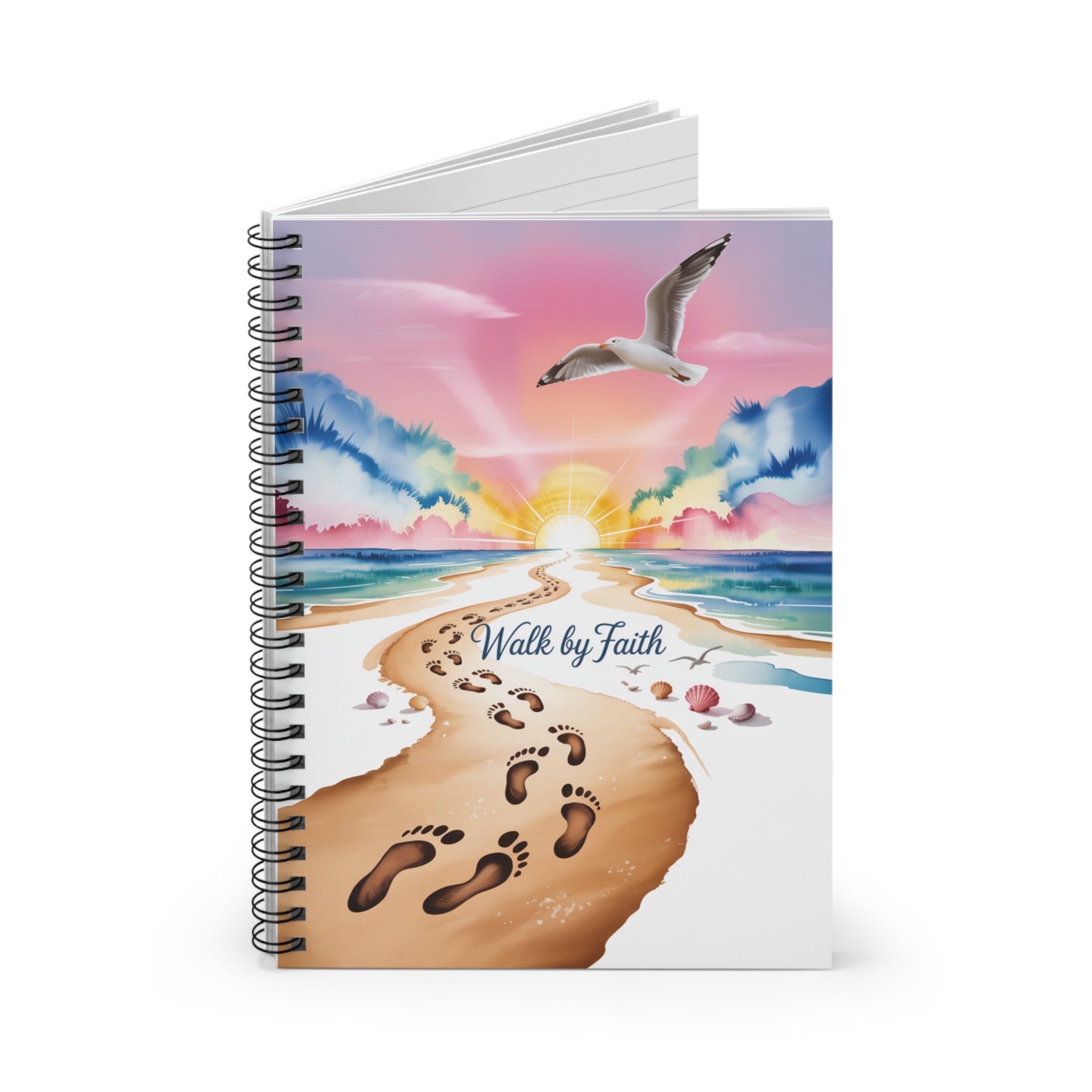 Inspirational Spiral Notebook - Walk by Faith, Motivational Journal, Beach Art Journal, Gift for Writers, Faith-Based Stationery