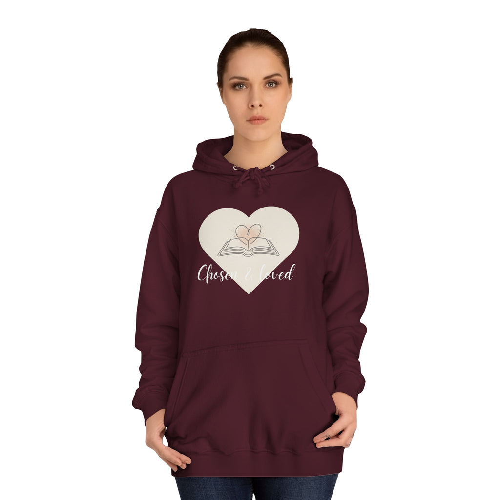 Chosen & Loved Cozy Reading Hoodie, Unisex College Apparel, Relaxed Style Sweatshirt - Dark Colors