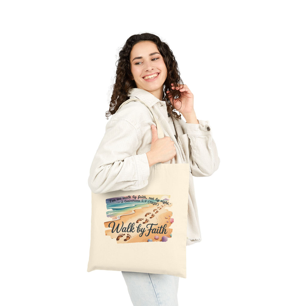 Walk by Faith Inspirational Cotton Canvas Tote Bag, Eco-Friendly, Reusable Grocery Bag, Christian Gift, Beach Day, Everyday Use