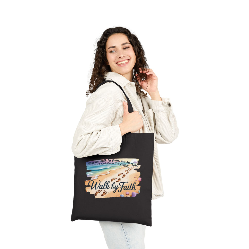 Walk by Faith Inspirational Cotton Canvas Tote Bag, Eco-Friendly, Reusable Grocery Bag, Christian Gift, Beach Day, Everyday Use