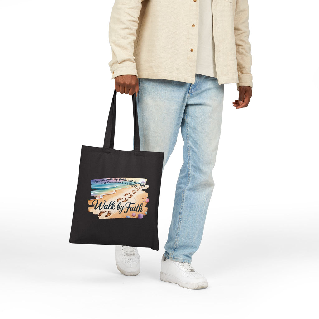 Walk by Faith Inspirational Cotton Canvas Tote Bag, Eco-Friendly, Reusable Grocery Bag, Christian Gift, Beach Day, Everyday Use