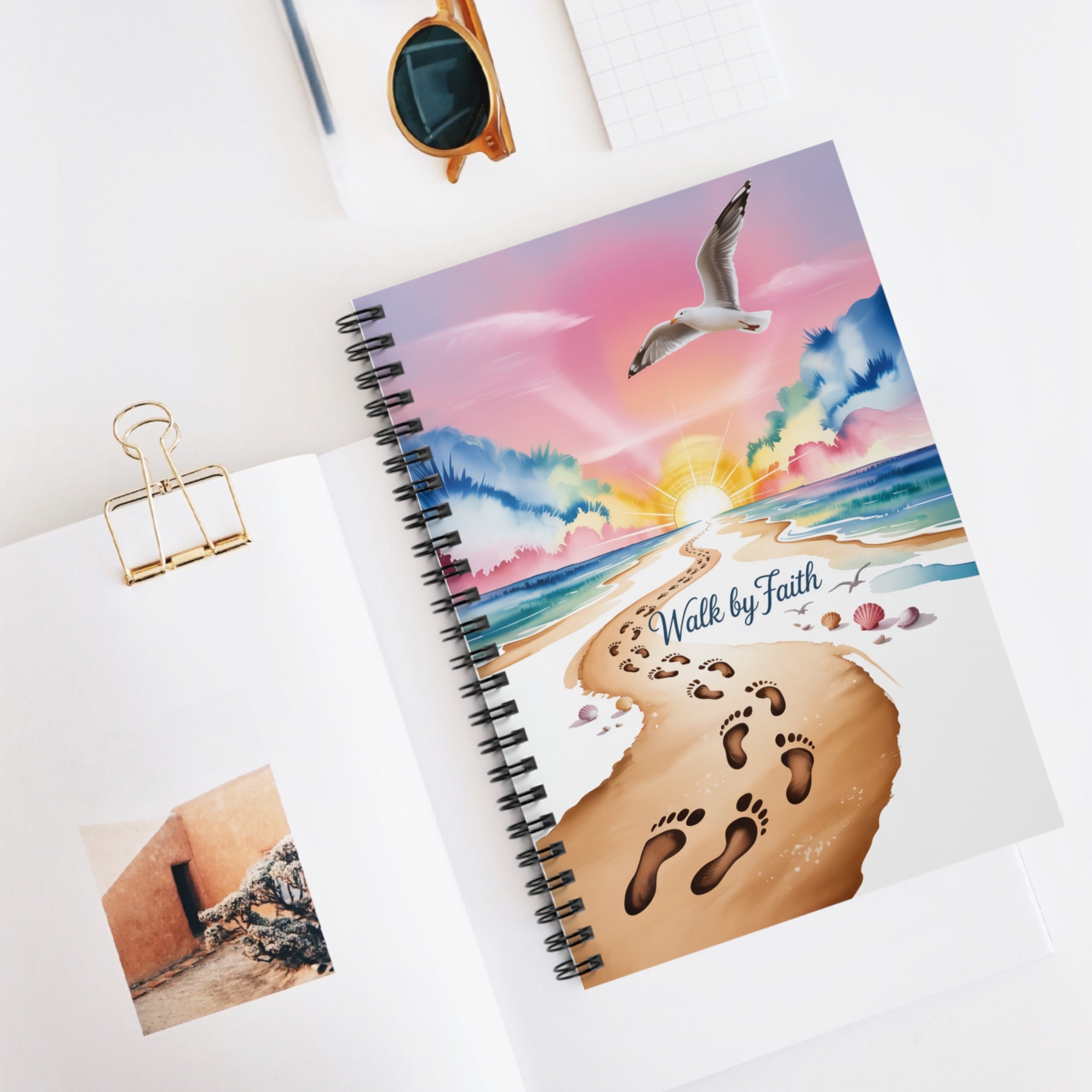 Inspirational Spiral Notebook - Walk by Faith, Motivational Journal, Beach Art Journal, Gift for Writers, Faith-Based Stationery