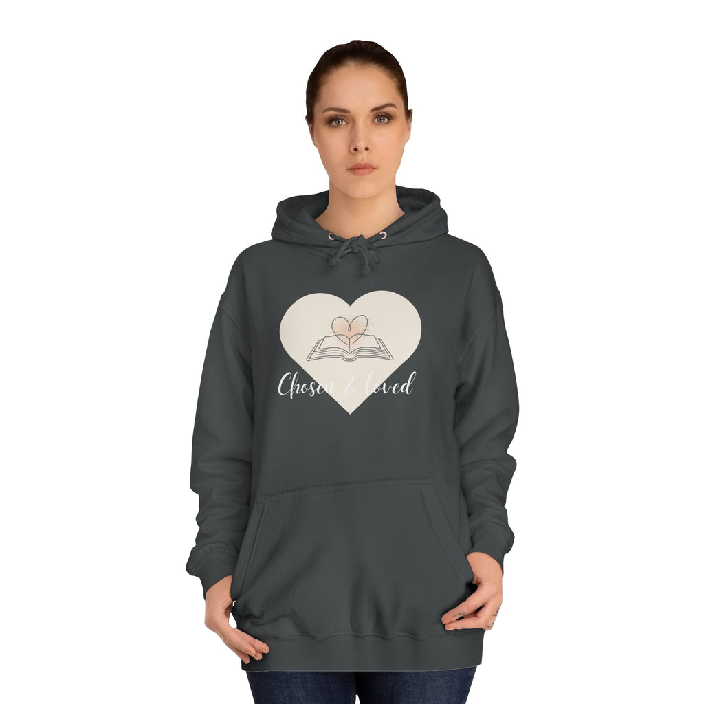 Chosen & Loved Cozy Reading Hoodie, Unisex College Apparel, Relaxed Style Sweatshirt - Dark Colors