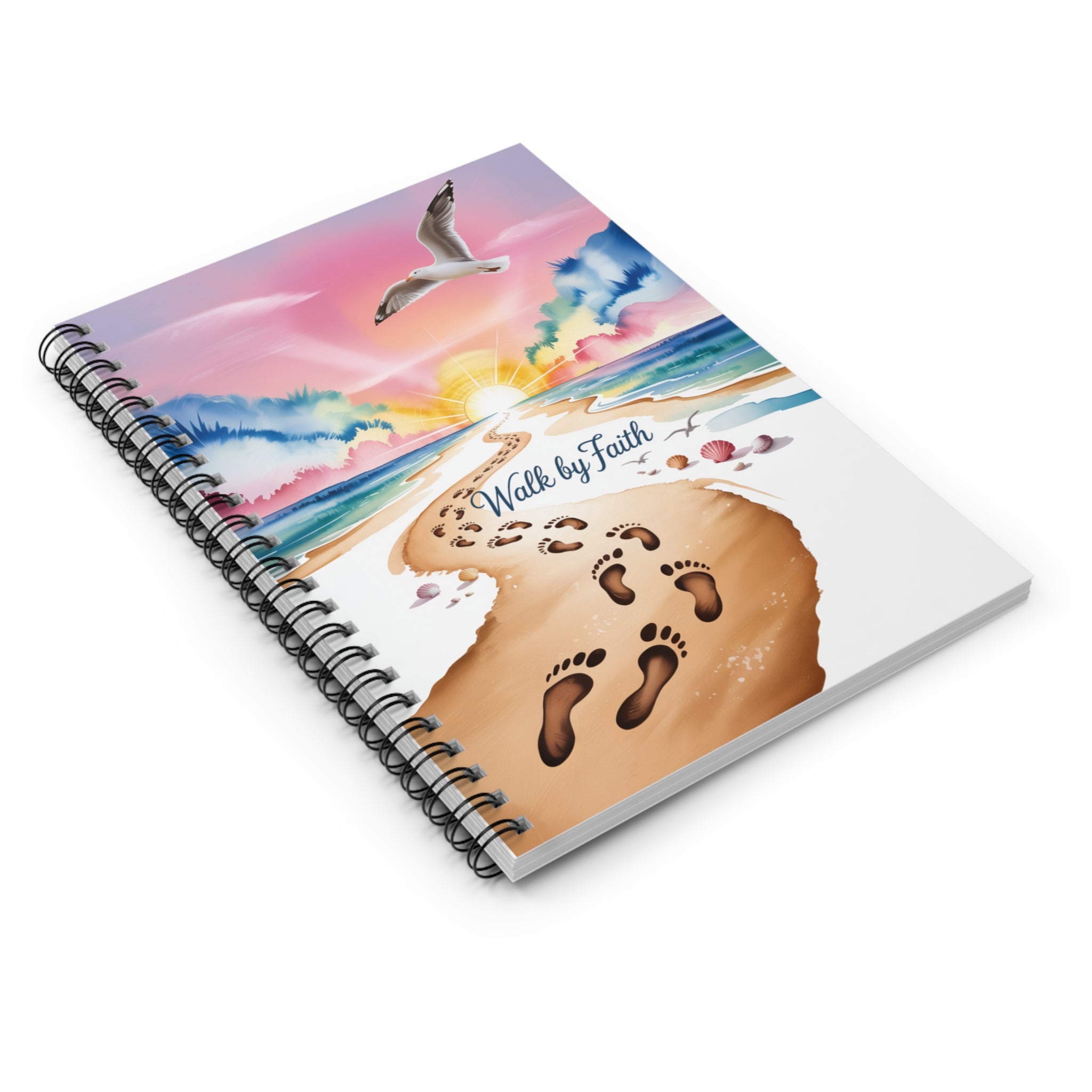 Inspirational Spiral Notebook - Walk by Faith, Motivational Journal, Beach Art Journal, Gift for Writers, Faith-Based Stationery