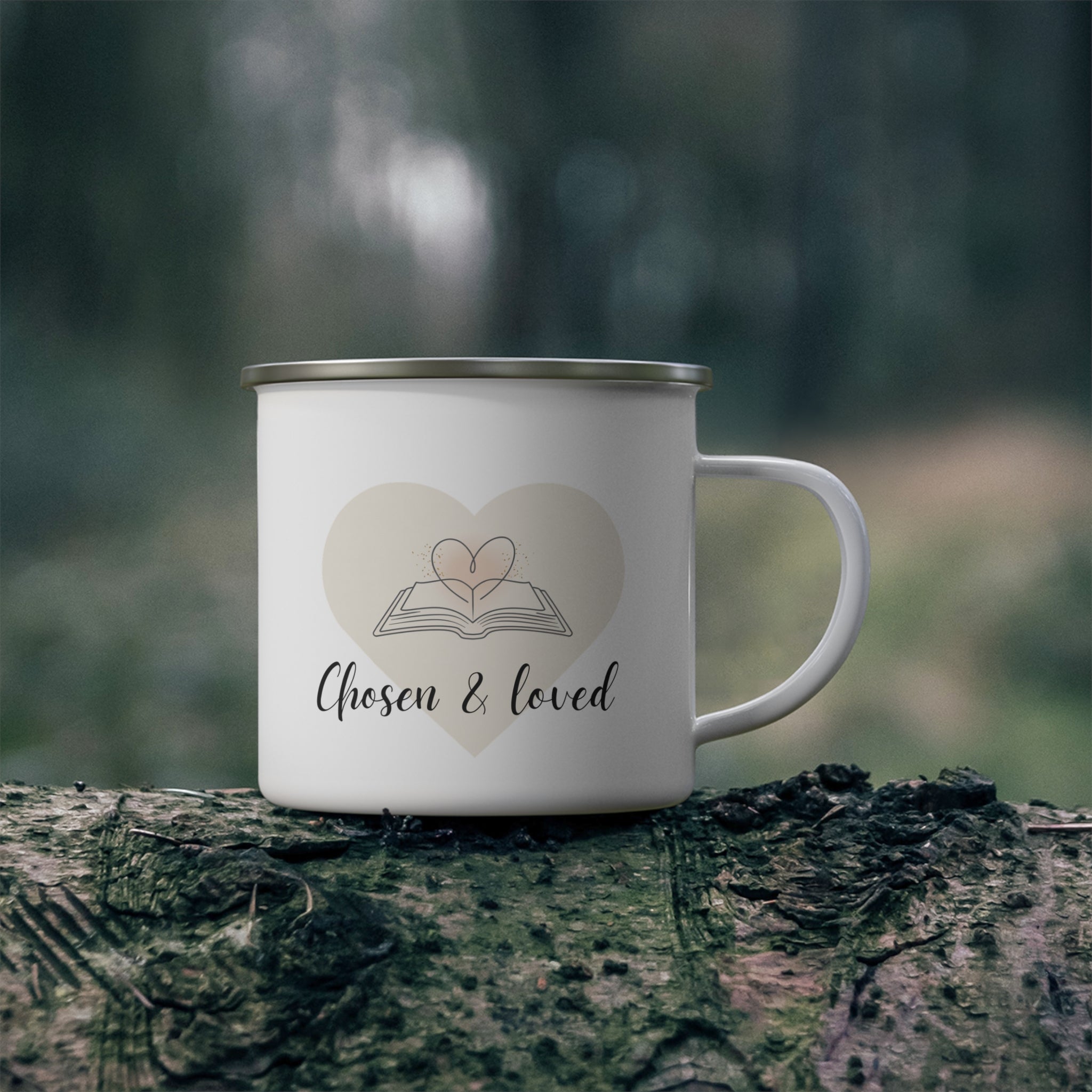 Chosen & Loved Enamel Camping Mug, Perfect for Nature Lovers and Adventurers, Great Gift for Campers, Enjoy Coffee in Style, Unique Outdoor Mug