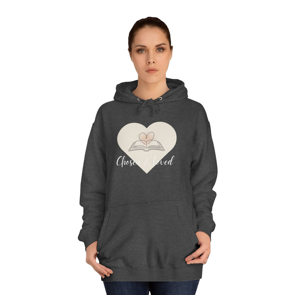 Chosen & Loved Cozy Reading Hoodie, Unisex College Apparel, Relaxed Style Sweatshirt - Dark Colors